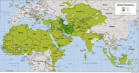 Carte montrant la répartition Sunnites / Chiites dans le monde.